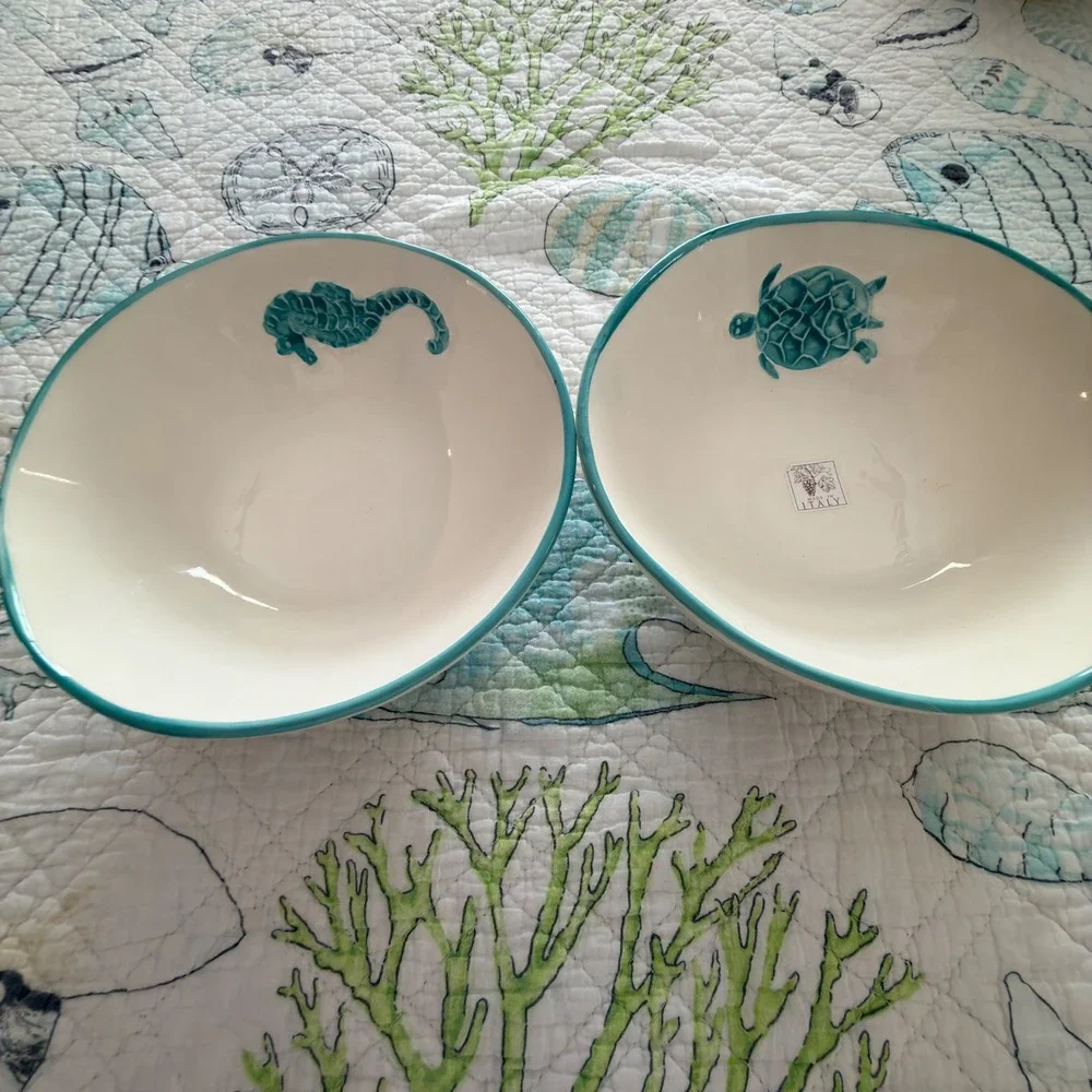 Maioliche Jessica, Italy Ceramic Coastal Bowls Set 2 Sea Turtle Seahorse Teal